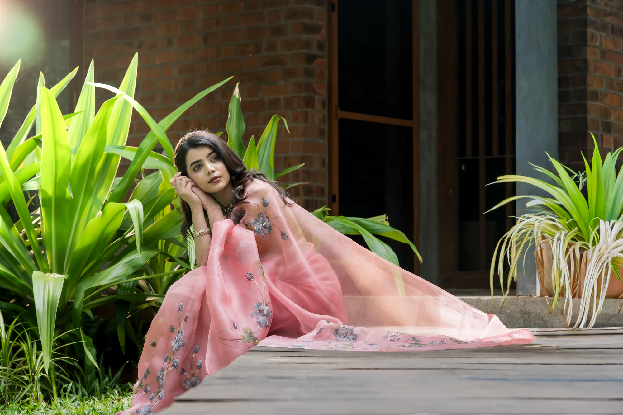 Rose Pink Organza Silk Saree with Hand-Painted Floral Motifs